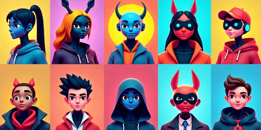 Diverse AI avatars with colorful backgrounds and unique designs