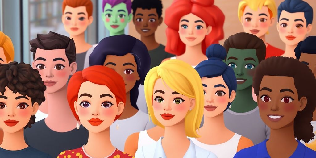 Diverse group of people with colorful AI avatars.